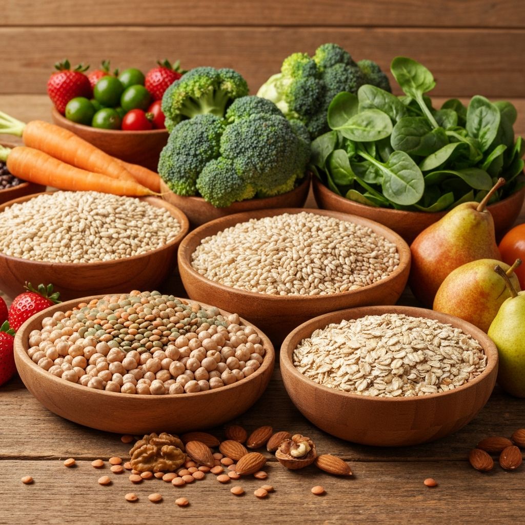 Variety of whole unprocessed foods arranged on wooden table